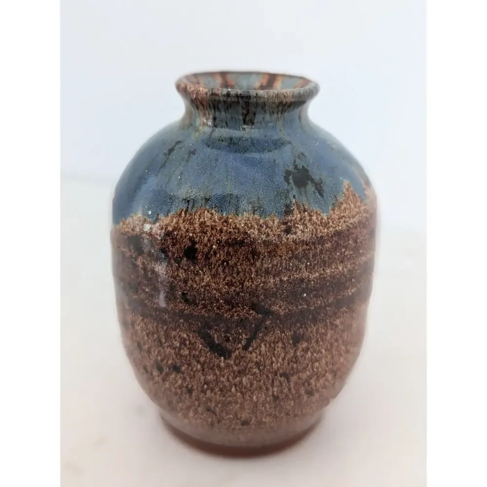Signed Studio Pottery Jar-bottle-vase Handmade Hand-Painted Brown Blue 4.5×3